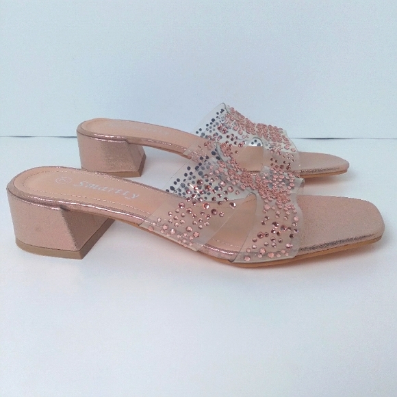 Shoes - Rose Gold Champagne Sparkle Cut Out Side Open Toe Slide On Sandals-Size 7 NWT HP